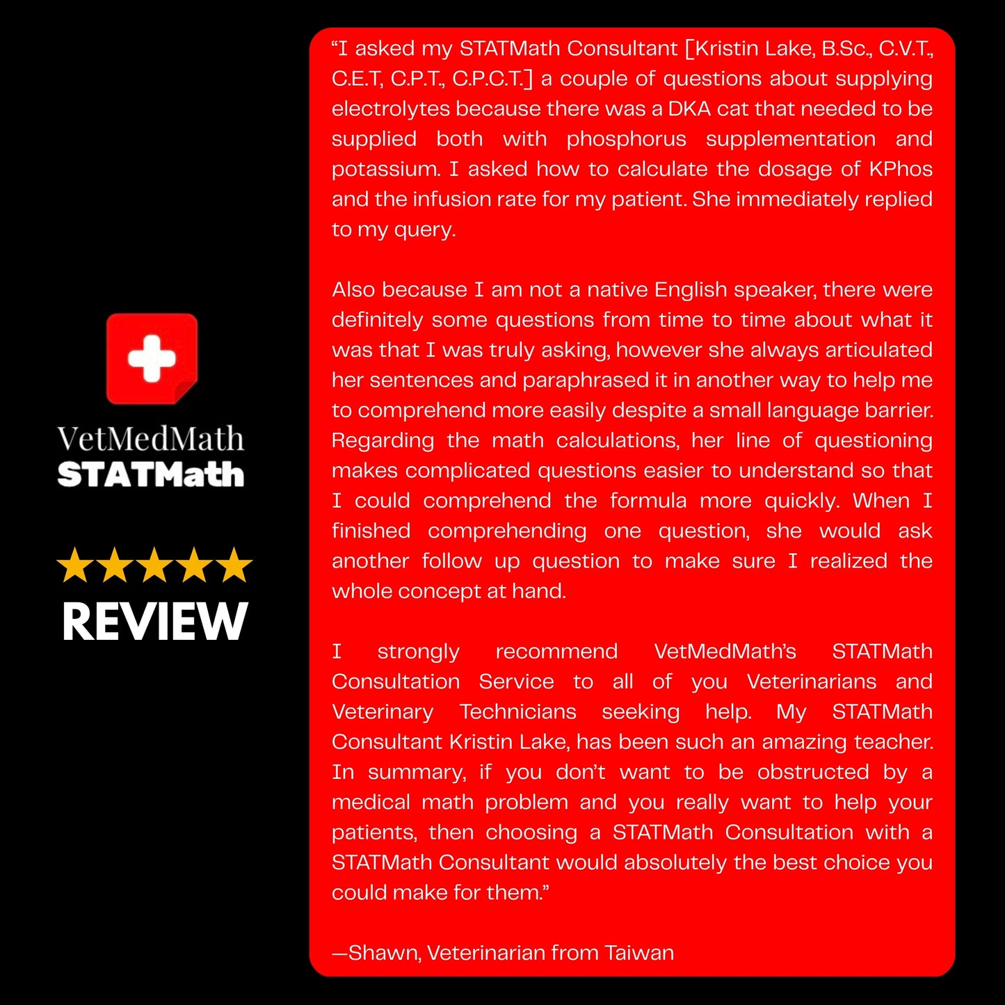STATMath Medical Math Consultation with Kristin Lake B.Sc., C.V.T.