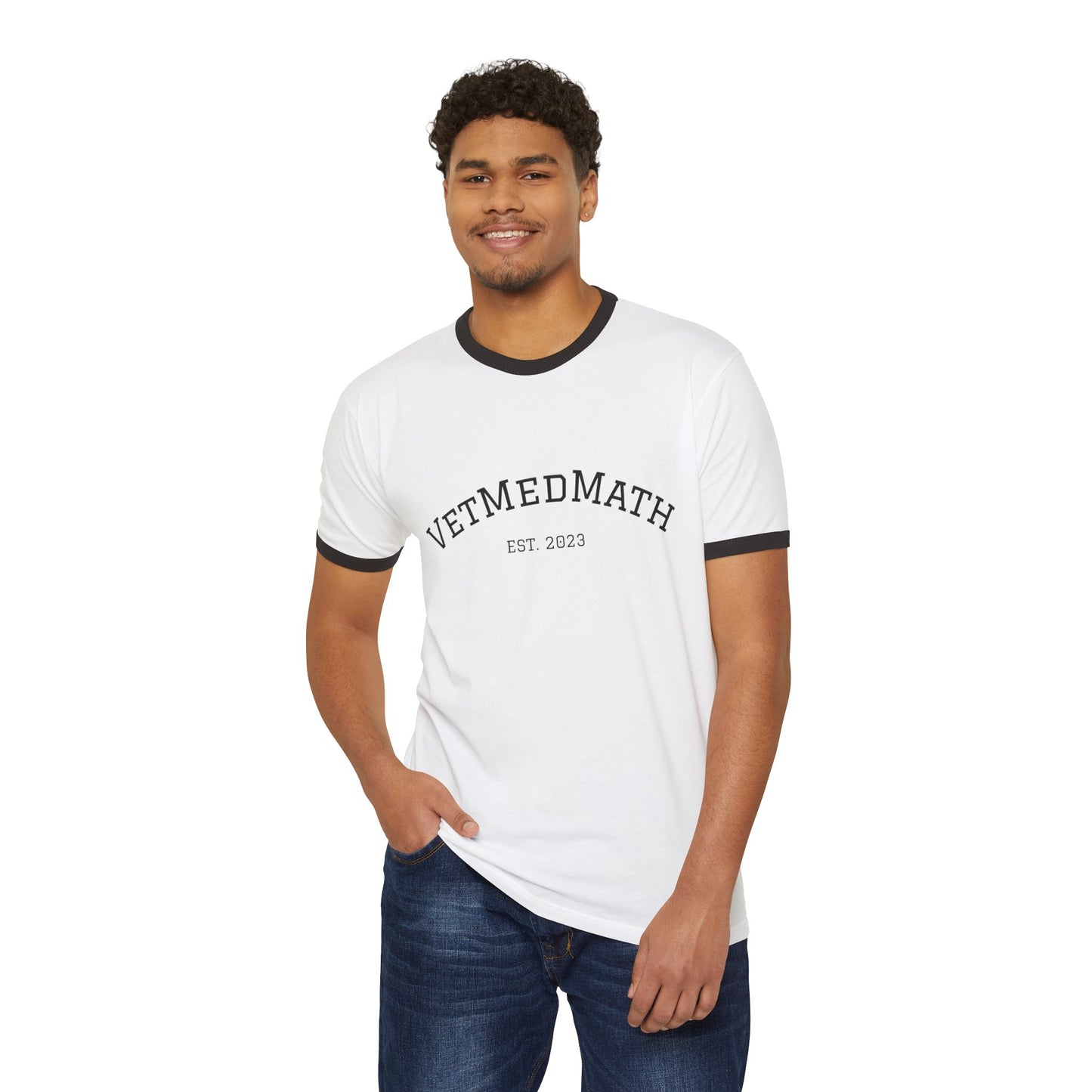 VetMedMath Est. 2023 100% Cotton Unisex Black + White Ringer Tee — VetMedMath | STATMath Veterinary Medical Math Tutoring + Consults Shirt