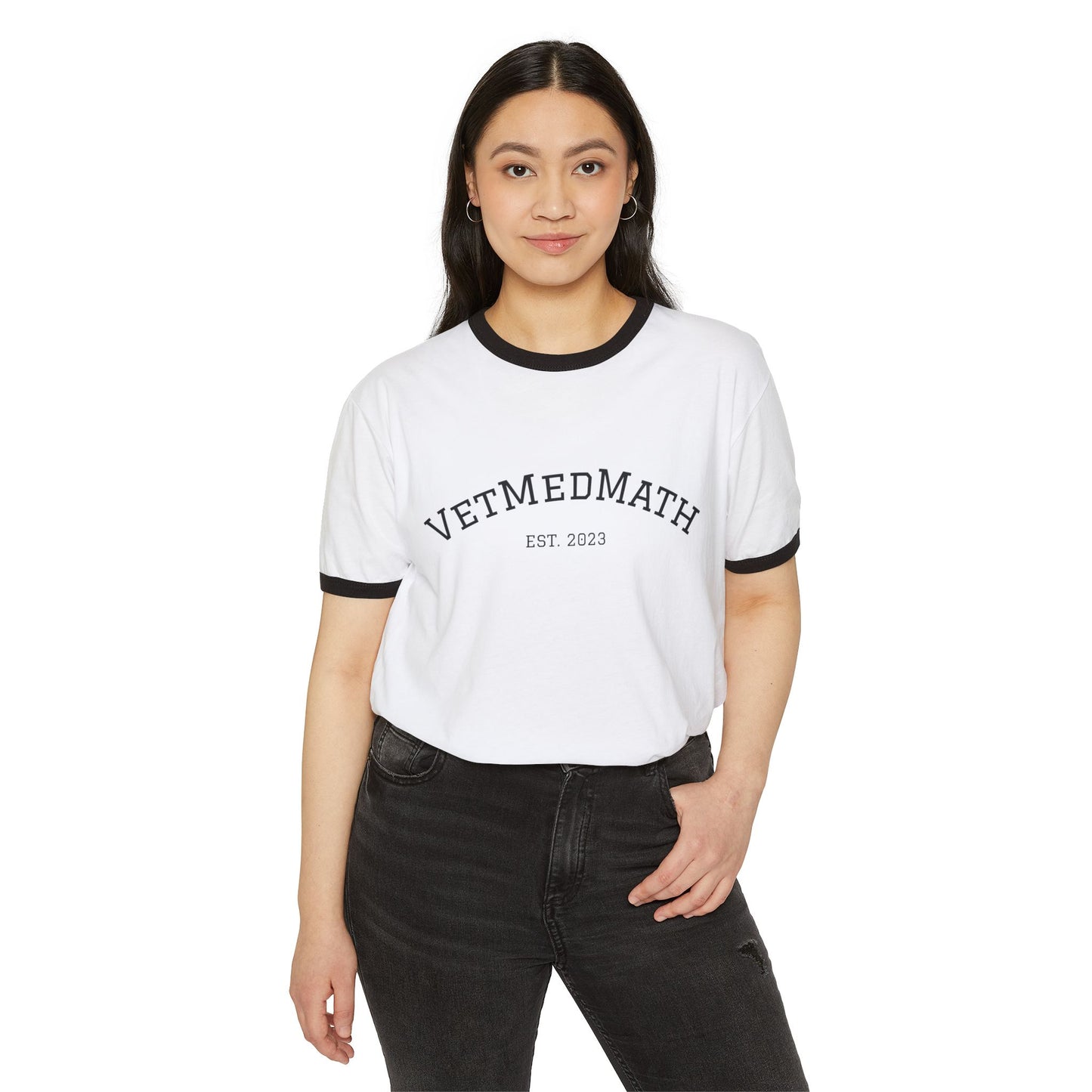 VetMedMath Est. 2023 100% Cotton Unisex Black + White Ringer Tee — VetMedMath | STATMath Veterinary Medical Math Tutoring + Consults Shirt